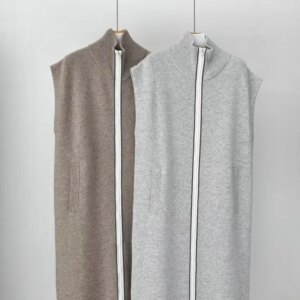 Autumn B*C Women’s Cashmere Mid-Length Cardigan Beaded Stand Collar Sleeveless Loose Female Knitted Sweater