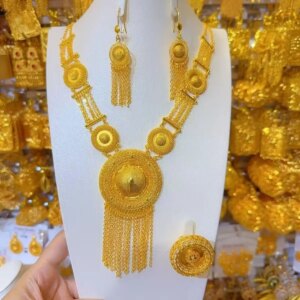 Dubai New 24K Gold Plated Necklace, Earrings, Rings for Women’s Romantic Wedding Parties, Mother Jewelry Set YY10534