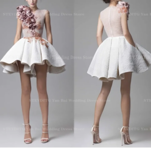 New Stylish Short Above Knee Length Prom Dresses Striking Ruffles 3D Handmade Flowers Appliques Cocktail Evening Party Dress