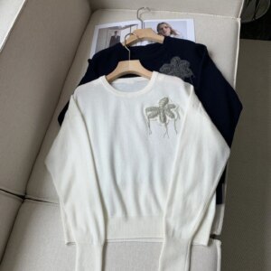 Women’s 100% Cashmere Sweater Autumn Beaded Chain Embroidery O-Neck Long-Sleeve Casual Ladies Knitted Pullover