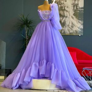 Exquisite Crystals Evening Dresses One-Shoulder Long Sleeves Ruffle Prom Gowns Tulle Elegant A-Line Party Dresses for Women