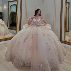 Champagne Quinceanera Dresses Ball Gown Off Shoulder Appliques Lace Beads Tull Corset Birthday Payty Sweet 16 Dress Vestidos 15