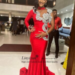 Elegant Customized Mermaid Prom Dress Full Sleeves Appliques Beaded Evening Party Gala Gown African Black Girl vestidos de festa