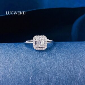 LUOWEND 100% 18K White Gold Rings Fashion Square Shape 0.30carat Real Natural Diamond Engagement Ring for Women Fine Jewelry