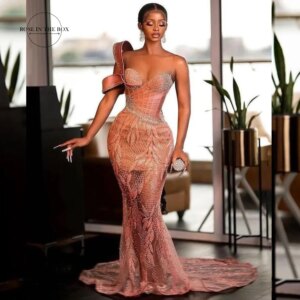 Customized African Mermaid Evening Dresses For Women 2025 Elegant Beaded Lace Long Black Girl Prom Party Gowns with Corset