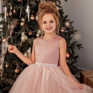 Flower Girl Dresses Evening Birthday Party Banquet Princess Gown Dusty Pink Tulle Tiered Pearl Belt With Bow For Wedding