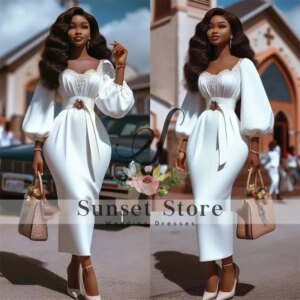 Customized  Mermaid Wedding Dresses Long Puff Sleeves Lace Neckline African Bridal Reception Dress vestidos novias boda2025