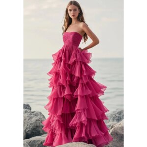 Strapless Ruffles Evening Dresses Woman Tiered vestidos de noche A Line Prom Dress Graduation Party Gowns Customized