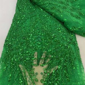 Green African Sequins Tulle Lace Fabric 2024 High Quality Lace French Luxury Beaded Lace Fabric Nigerian for Women Wedding Q40-1