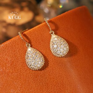 KUGG 100% 18K Yellow Gold Earrings Elegant Water Drop Shape 0.90carat Real Natural Diamond Drop Earrings for Women High Jewelry