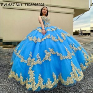 EVLAST Customized Shiny Blue Quinceanera Dress Ball Gown Gold Lace Applique Beading Tiered Sweet 16 Vestido De 15 Anos E1Q385