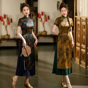 Imitation Acetic Acid Long Cheongsam Qi Pao Skirt Spring New Retro Ethnic Style Middle-Aged and Elderly Ladies