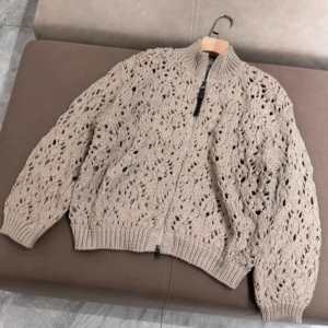 Hollow Out Women’s Beaded Zipper Cardigan Turtleneck Long Sleeve Fashion Casual Knitted Sweater