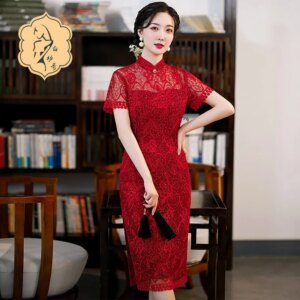 Fashion sequin lace red cheongsam style embroidered evening gown bridal toasted dress