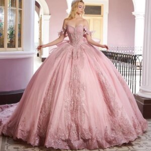 Customized Shiny Pink Quinceanera Dress Off Shoulder Tull applique crystal Bead string Long tail Bow vestidos de 15 Quinceanera
