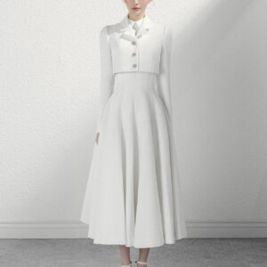 white long-sleeved suit dress designer crop jacket with big swing dress formal dress women wedding guest