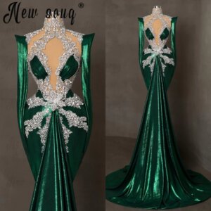 Emerald Green Arabic Long Evening Dress Heavy Handmade Crystals Birthday Pageant Prom Dress Women Wedding Party Dress Customized