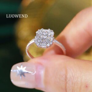 LUOWEND 100% 18K White Gold Rings Elegant Shiny Style 0.50carat Real Natural Diamond Engagement Ring for Women Wedding Jewelry