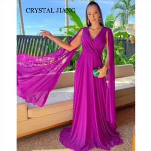 Elegant Long V Neck Chiffon Prom Dresses Full Sleeves Backless A Line Floor Length Vestido Fiesta Mujer