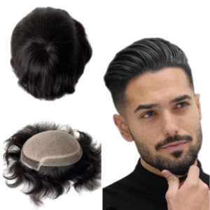 Malaysian Virgin Human Hair Replacement #1B Black Straight 8×10 Toupee Silk Base Front Lace Unit for White Men
