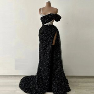Charming Dots Lace Mesh Prom Gowns One Shoulder Tulle Mermaid Evening Dress Sexy High Slit Celebrity Pageant Dresses For Party