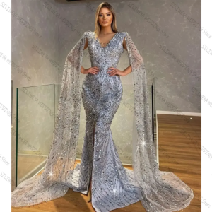 Sparkly Mermaid Prom Dresses V Neck Cap Sleeves Sequins Beaded Appliques Front Slit Custom Made Gown