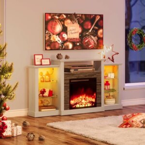 Fireplace TV Stand with LED Lights and Power Outlets, TV Console for 32″ 43″ 50″ 55″ 65″, Entertainment Center with Ad