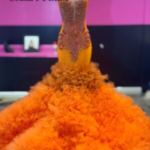 Vivid Orange Tulle Ruched Train Prom Dresses Black Girls Beaded Rhinestone African Wedding Party Dress Mermaid robes Customized