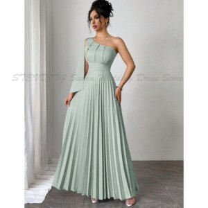 Green Evening Prom Dresses Women One Shoulder Sleeveless A Line Floor Length High Quality Wrinkle Simple Formal Event Girl Gowns