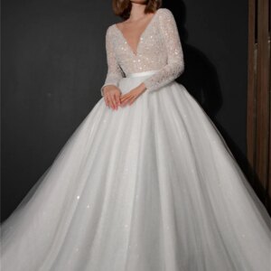 Sexy Deep V-neck Wedding Dress Romantic Long-sleeved Bride Gown Elegant Sequined A-Line Bride Gown Customized Vestidos De Novia