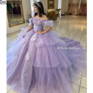 Lavender Quinceanera Dress Ball Gown Floral Applique Beading Tiered Mexico Corset Sweet 15 Vestido De 15 Anos