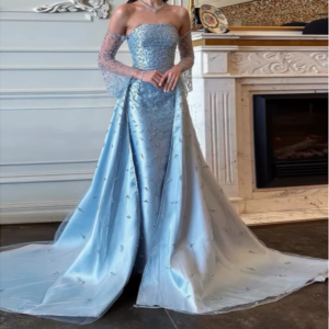 Customized Mermaid Prom Dresses Floor-Length Strapless Full Sleeve Evening Gown Simple Fashion Beading Draped Party Gown
