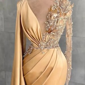 Stunning Gold Yellow Evening Dresses Deep V Neck Sheer Long Sleeve Beaded CrystalsParty Celebrity Gowns Customized