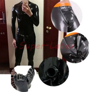 Black men latex catsuit with toes ring crotch hole with codpiece no gloves