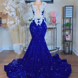Royal Blue African American Prom Dresses For Black Girls Mermaid Sheer Sequins Appliques Robe De Soiree Evening Gown Customized