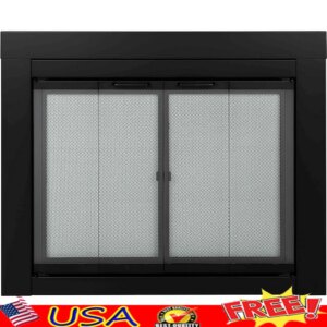 Fireplace Screen Bi-fold Doors Clear Glass Safety Metal Mesh Panel Easy Grip Handles 30-37 Inch Width Protects Against Sparks