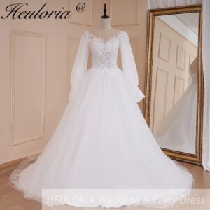 HEULORIA elegant A line wedding dress long puff sleeve lace applique bride dress Robe De Mariee Wedding Bride Dress long train