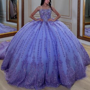 Lavender Shiny Quinceanera Dresses Off Shoulder Ball Gown Sweet 16 Dress Beads Sequin Applique Lace Tull Birthday Party Vestidos