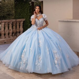 Sky Blue Shiny Quinceanera Dresses Off Shoulder Ball Gown Sweet 16 Dress Beading Crytal Applique Flower Tull Birthday Party Vest