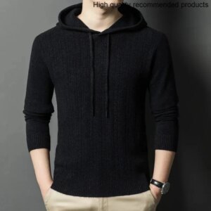 New Men’s 100% Sheep 2025 Wool Thick Sweater Hooded Long Sleeve Men’s Pure Wool Warm Pullover