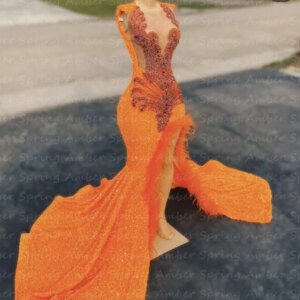 Designer Orange Prom Dresses Feathers Sequin Golden Crystal Beads Rich Black Girl Birthday Party Gowns Evening Customized