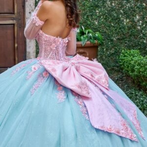 Customized Elegant Sky Blue Pink Flower Applique Lace Up Ballgown Prom Party Dress Long Sleeve Quinceanera Dress For 15 16 Girls