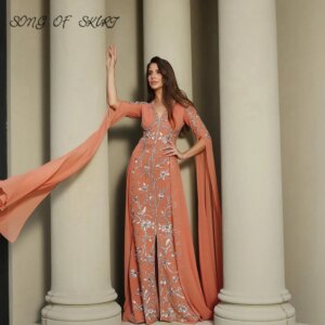 Customized 2022 Orange Chiffon Evening Dresses Moroccan Caftans Long Sleeve Luxury Applique Birthday Party Gowns Robe De Soirée
