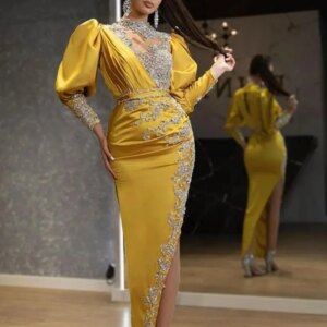 Luxury Evening Dresses Sequined Appliques High Collar Cocktail Party Gowns Fashion Long Sleeves Pleat Floor Length Prom Dresses