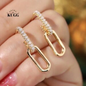 KUGG 100% 18K Yellow Gold Earrings Fashion Chain Shape 0.46carat Real Natural Diamond Stud Earrings for Women High Party Jewelry
