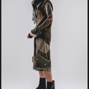 New Cutting Design Denim Overalls Distressed Three-Dimensional Deconstruction Waste Soil Fan Energy Men’s Shorts Middle Pants