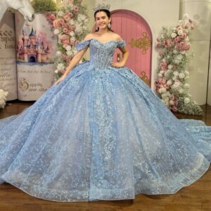 Sky Blue Quinceanera Dresses Off Shoulder Ball Gown Sweet 16 Dress Applique Lace Beading Tull Birthday Party Vestidos 15 De Anos