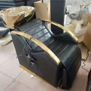 Luxury Gold Adjustable Synthetic Leather Shampoo Chair with Massage and Ceramic Sink Modern Design for Hair Salon Beauty Spa