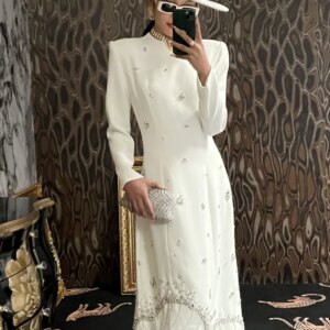 Customized Graceful Jersey Crystal Evening Dresses Formal Long Sleeves Crew Neck Celebrity Gowns Custom Size Vestido D