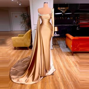 Single Shoulder Long Sleeved Women Evening Dresses Modern Shining Satin Prom Gowns Customized Cocktail Party Vestidos De Noche